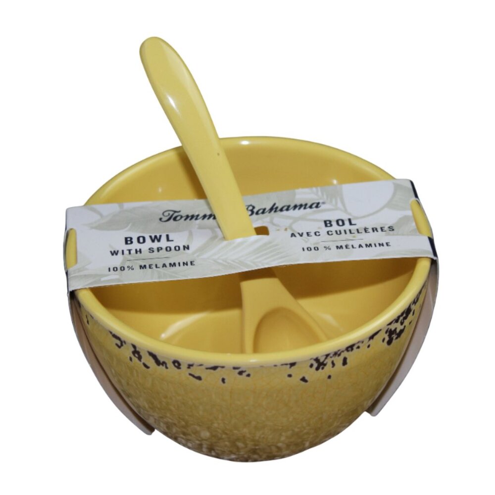 Tommy Bahama Yellow Melamine Crackle Bowl w/ Spoon Small 4" Dip Sauce Rustic NWT